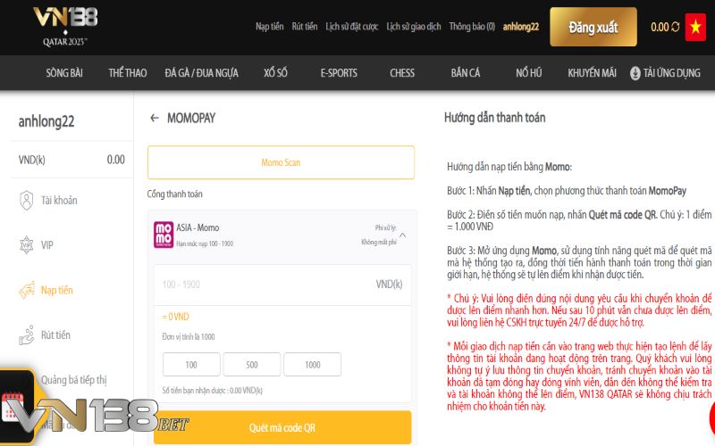 Cách nạp tiền vào tài khoản VN138 qua Momo Scan 