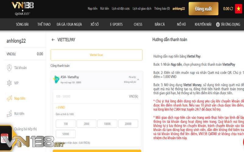 Quy trình nạp tiền vào tài khoản hội viên của VN138 qua Viettel Pay