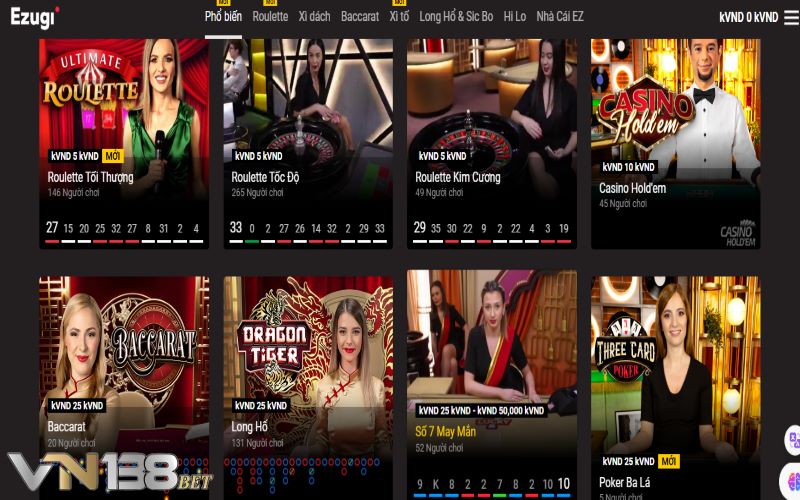 Một số tựa game được yêu thích nhất tại casino VN138 